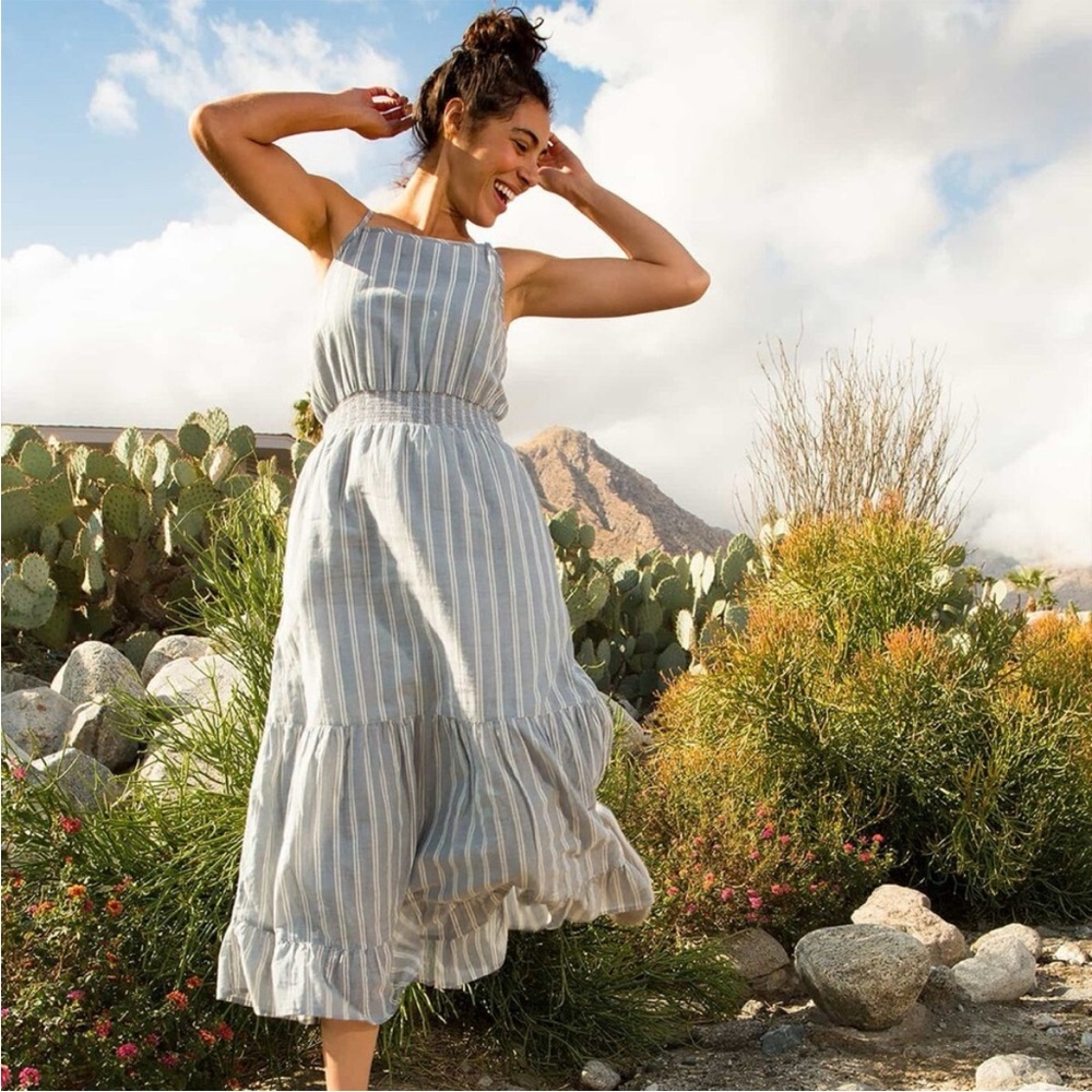 Toad&Co Blue and White Striped Smocked Maxi Dress